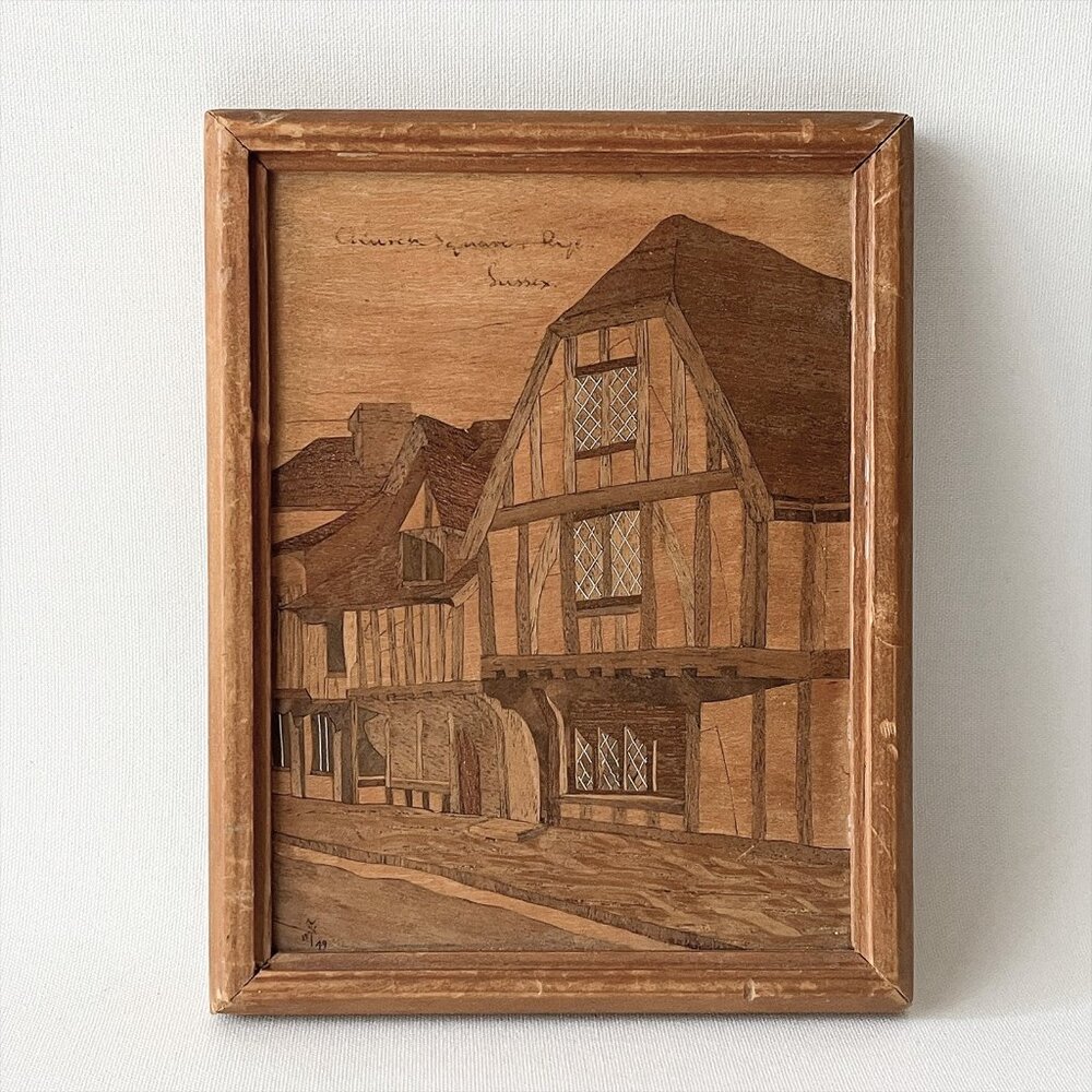 Vintage Church Square Rye Sussex Wood Inlay Marquetry Framed Wall Plaque 1940s